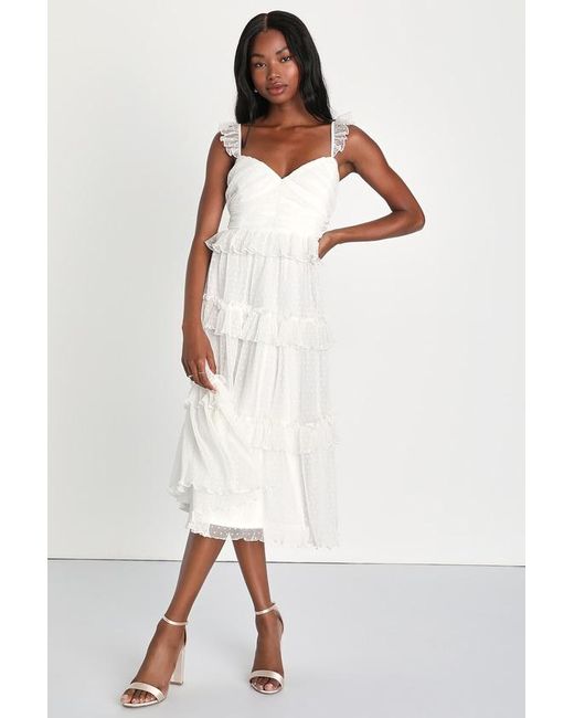 Lulus White Whimsical Elegance Mesh Swiss Dot Tiered Midi Dress