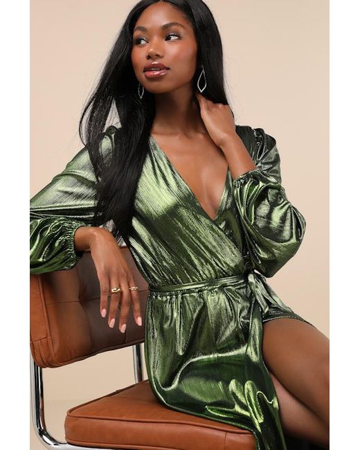 Lulus Green Extra Aesthetic Metallic Long Sleeve Surplice Maxi Dress
