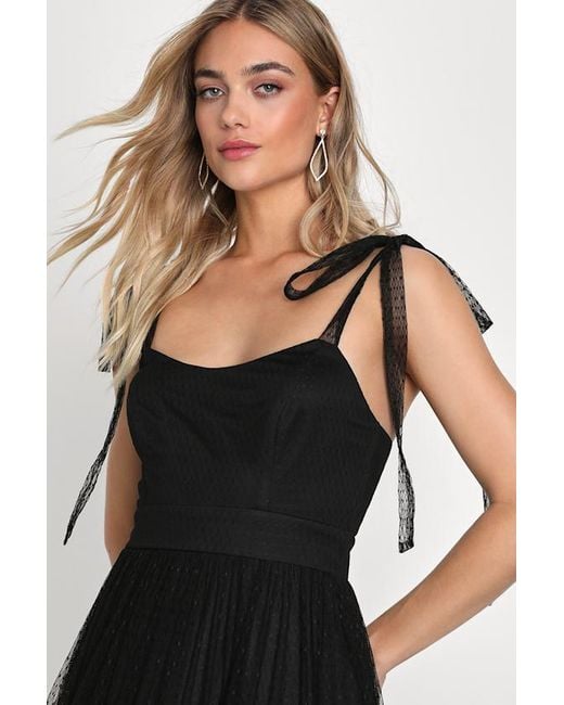 Lulus Black Captivating Aesthetic Mesh Swiss Dot Tie-Strap Midi Dress