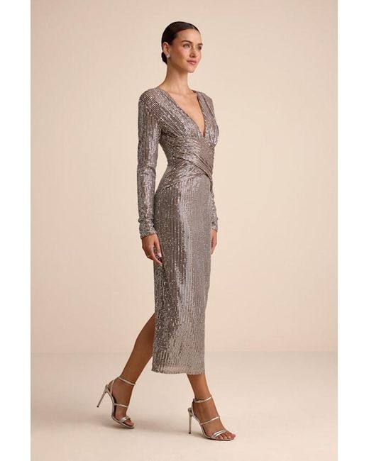 Lulus Natural Helena And Sequin Long Sleeve Midi Dress