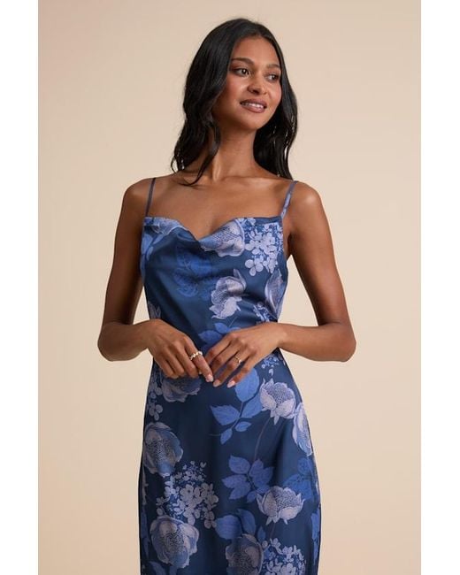 Lulus Blue Favorite Icon Floral Satin Cowl Neck Slip Midi Dress