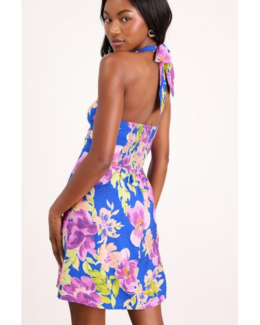 Lulus Blue Dory Multi Floral Halter Mini Dress