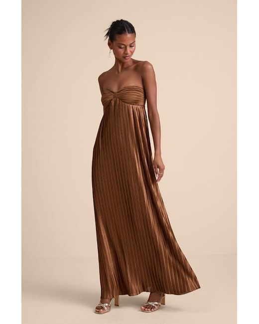 Lulus Whimsical Beauty Satin Plisse Strapless Maxi Dress in Brown | Lyst