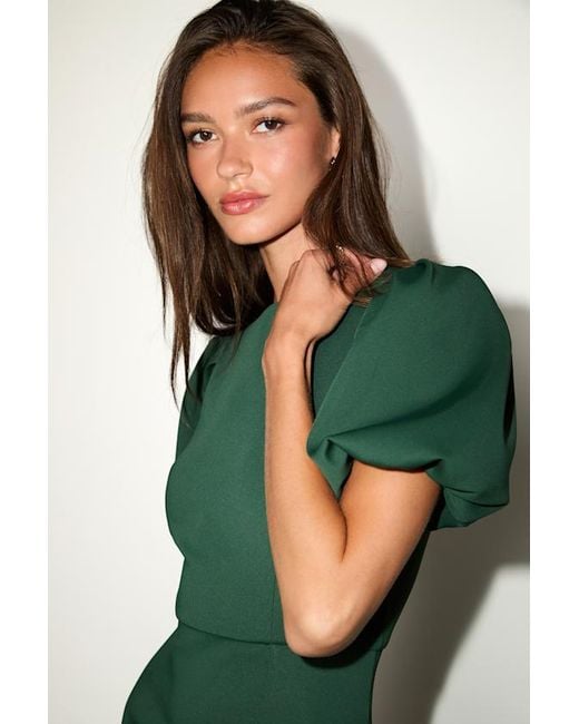Lulus Green Simply Beloved Hunter Puff Sleeve Bodycon Midi Dress