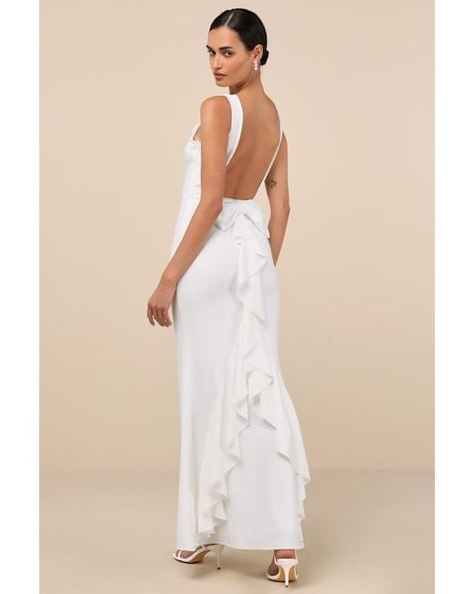 Lulus Natural Exquisite Refinement Backless Bow Ruffled Maxi Dress