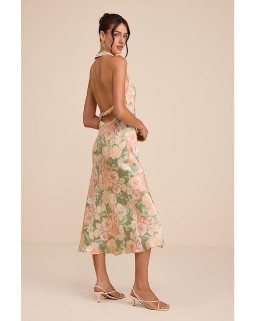 Lulus Natural Belin Sage Multi Floral Satin Backless Midi Dress