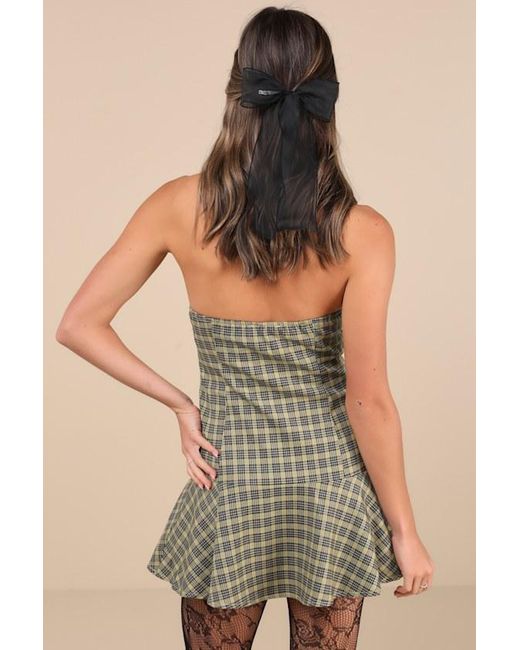Motel Yellow Hadia Plaid Strapless Drop Waist Mini Dress