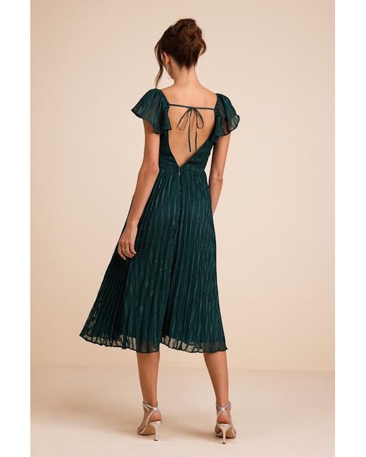 Lulus Blue Standout Sophistication Emerald Lurex Flutter Sleeve Midi Dress