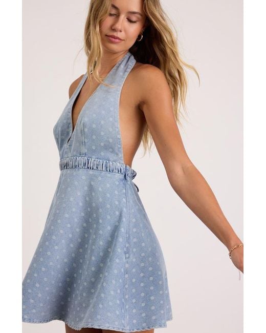 Lulus Blue Neese Light Wash Polka Dot Denim Mini Dress