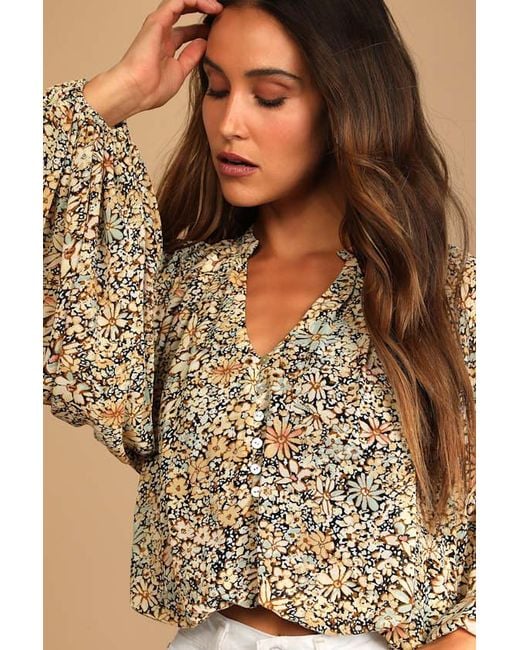 Lulus Natural Season Of Blooms Floral Print Balloon Sleeve Top