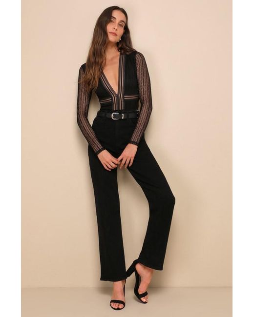 Lulus Black Casita Sheer Lace Long Sleeve Bodysuit