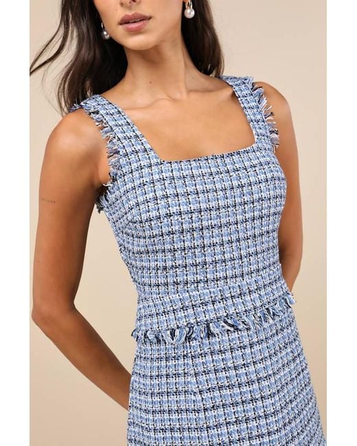 Lulus Blue Adorably Luxurious Tweed Raw Edge Sleeveless Mini Dress