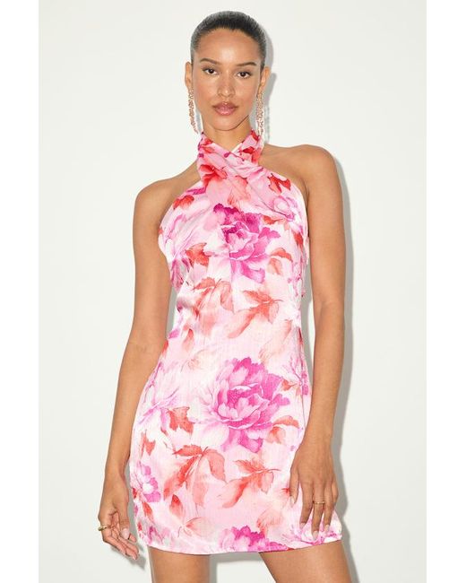 Lulus Pink Beyond Classy Multi Floral Print Satin Halter Mini Dress