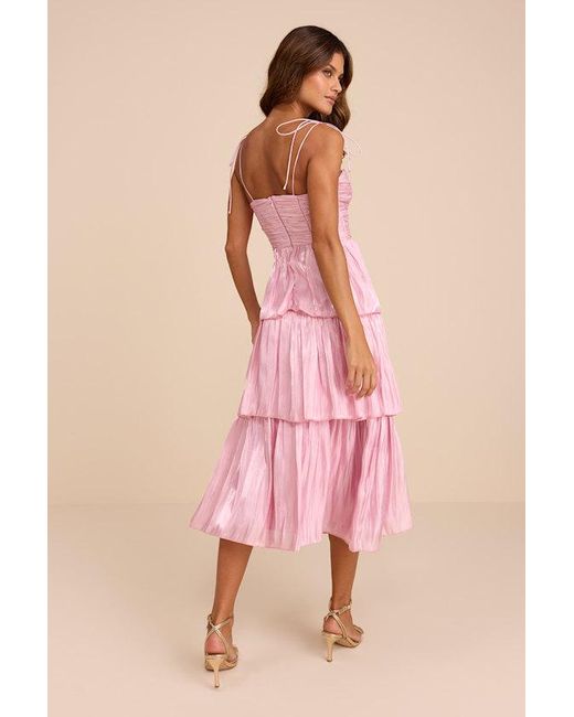 Lulus Pink Tennon Plisse Tiered Midi Dress