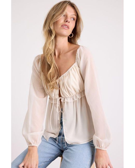 Lulus Natural Lemmie Chiffon Tie-Front Long Sleeve Top