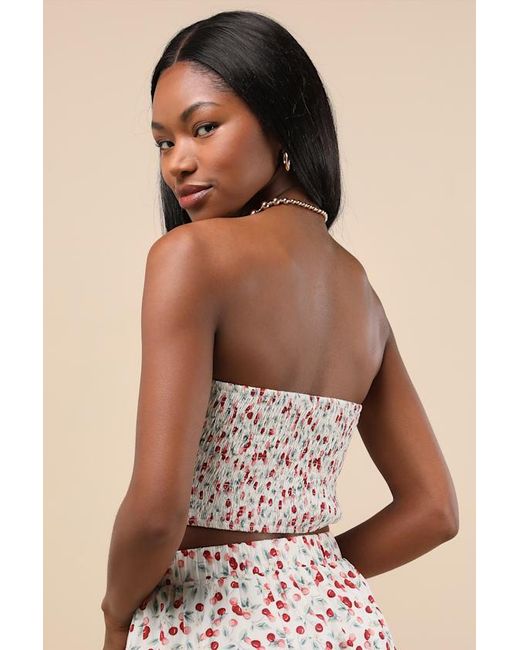 Lulus White Chelan Cherry Print Smocked Strapless Crop Top