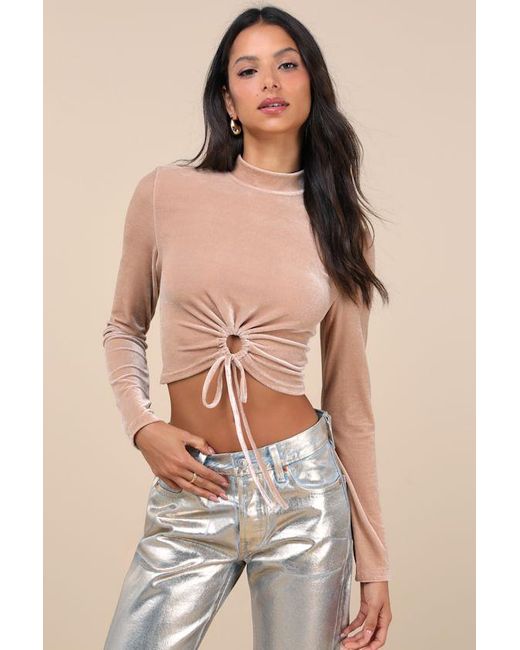 Lulus Natural Lucky Moments Velvet Drawstring Cutout Crop Top