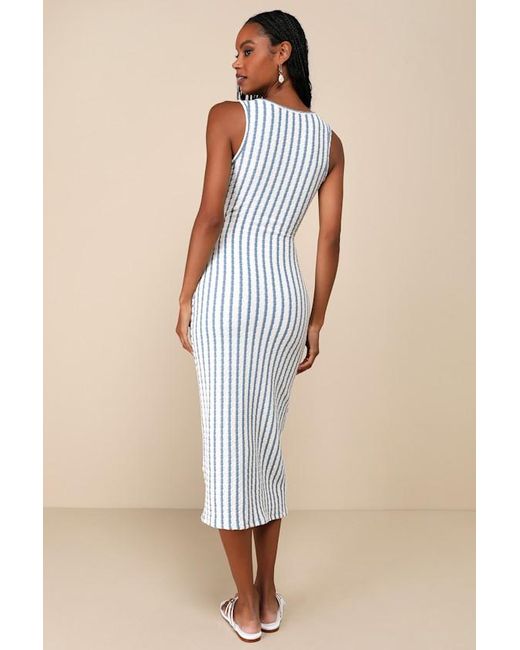 Lulus Natural Constantly Trendy Striped Crinkle Bodycon Midi Dress