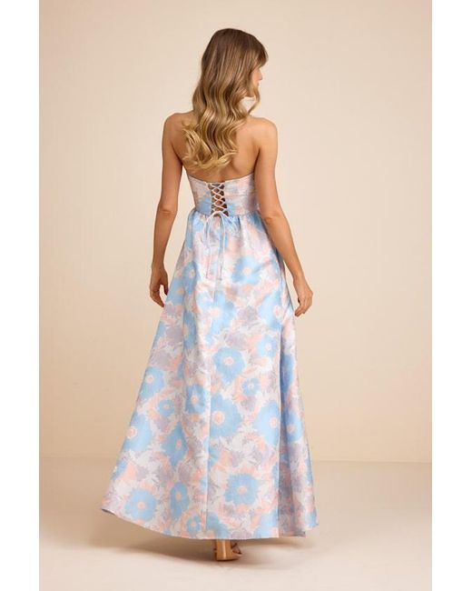 Lulus Blue Rainie Cream Floral Jacquard Strapless Lace-Up Maxi Dress