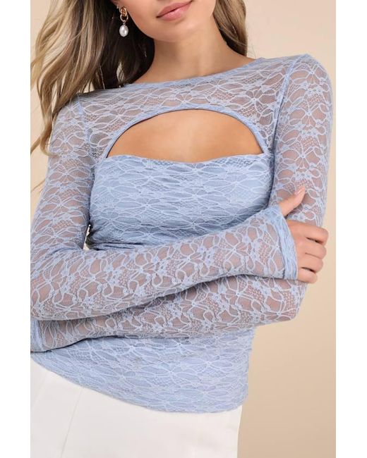 Lulus Blue Dynamic Charm Lace Cutout Long Sleeve Top