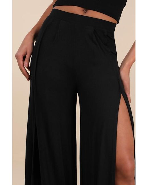 Lulus Black Knockout Knit Wide-Leg Slit-Front Pants