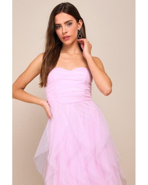 Lulus Pink Delightful Beauty Mesh Strapless Ruched Ruffled Maxi Dress