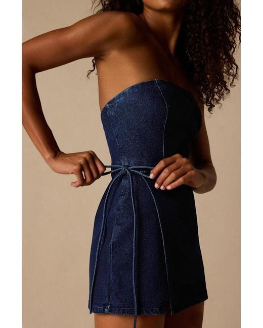 Lulus Blue Ena Dark Wash Denim Skort Romper