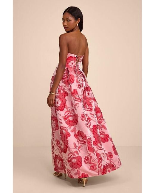 Lulus | Devil Wears Prada Red Elsa Floral Jacquard Strapless Maxi Dress