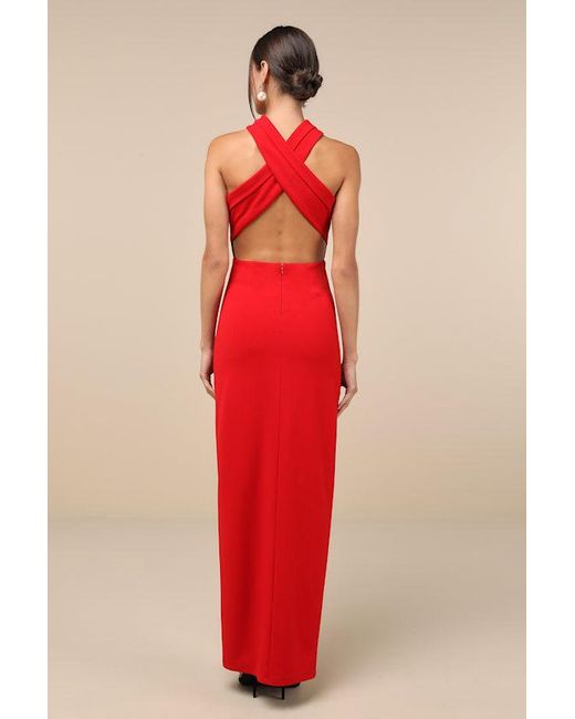 Lulus Red Head To Cocktail Hour Halter Neck Maxi Dress