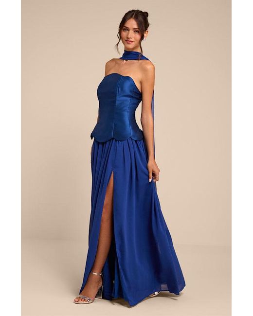 Lulus Blue Kadence Mixed Media Maxi Dress And Scarf Set