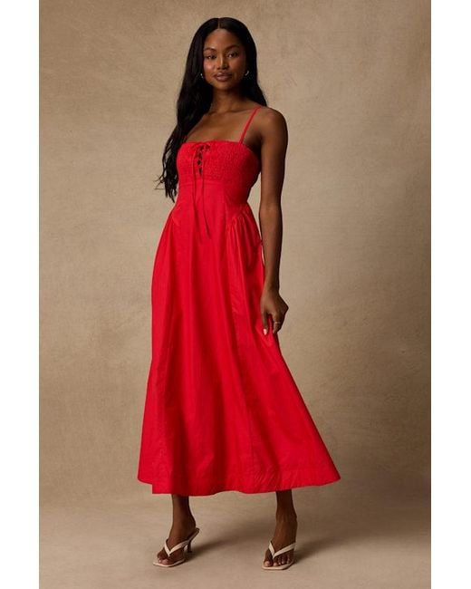Lulus Red Laylie Poplin Lace-Up Midi Dress