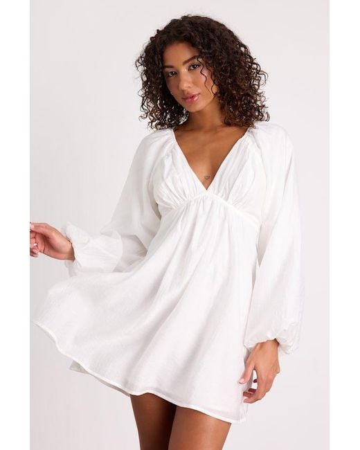 Lulus White Amerah Textured Balloon Sleeve Babydoll Mini Dress