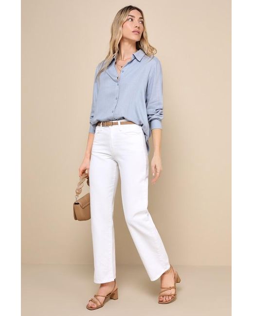 Lulus Blue Notable Aesthetic Linen Collared Button-Up Top