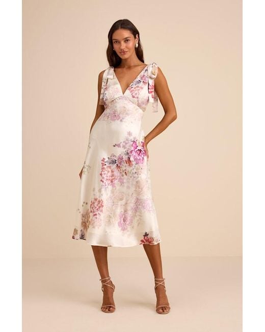 Lulus Natural Zoella Floral Satin Tie-Strap Midi Dress