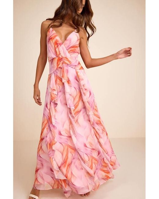 Lulus Pink Astraea And Abstract Surplice Ruffled Maxi Dress