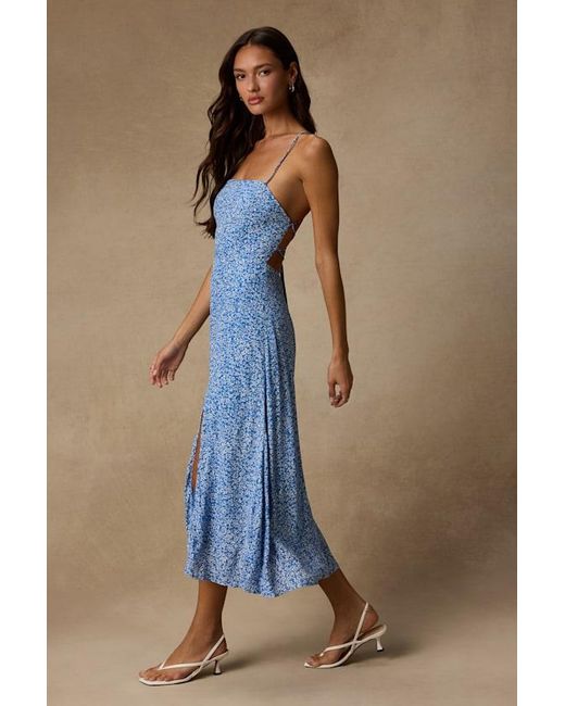 Lulus Blue Charming Dedication Floral Sleeveless Lace-Up Midi Dress
