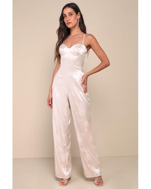 Lulus Natural Sincerely Sensational Cream Satin Jacquard Lace-Up Jumpsuit