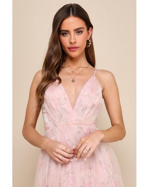 Lulus Pink Blissfully Lovely Blush Floral Mesh Pleated Midi Dress