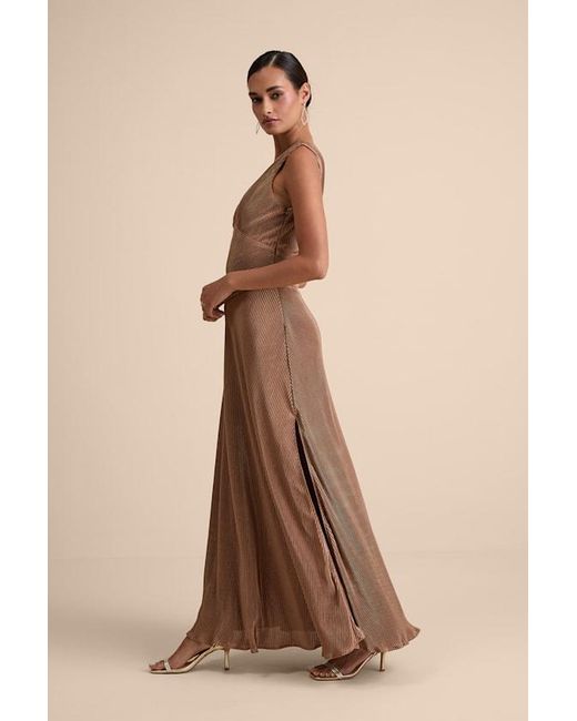 Lulus Brown Renee Satin Plisse V-Neck Maxi Dress