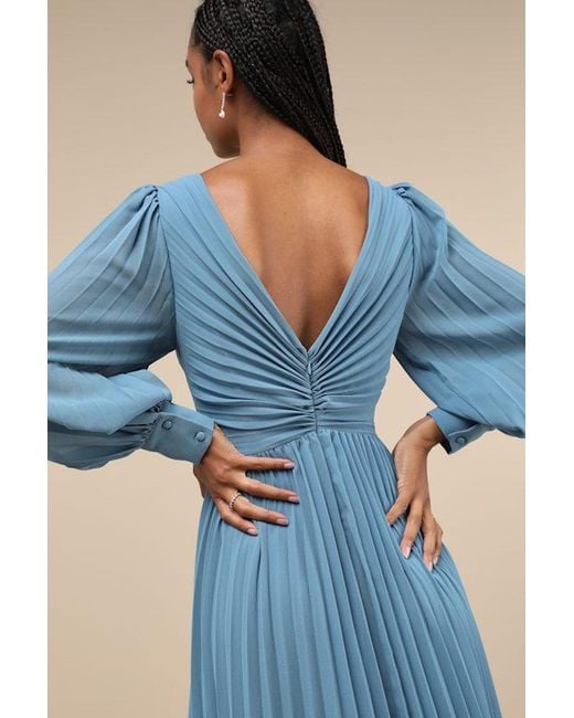 Lulus Blue Sophisticated Grace Slate Pleated Long Sleeve Maxi Dress