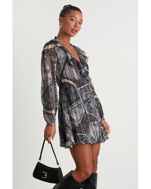 Lulus Gray Claire Dark Boho Print Wrap Mini Dress