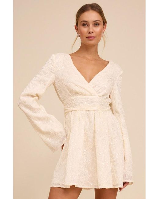 Lulus Natural Catarina Embroidered Sequin Long Sleeve Mini Dress