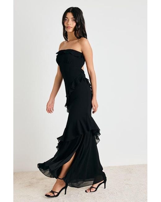 Lulus Black Dramatic Allure Ruffled Cutout Strapless Maxi Dress