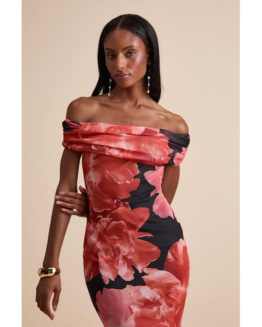 Lulus Red Dunia Floral Print Mesh Off-The-Shoulder Maxi Dress