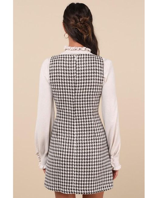 Lulus Brown Coveted Poise Houndstooth Button-Front Shift Mini Dress