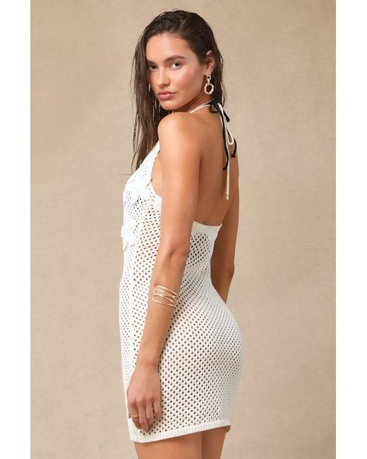 Lulus Natural Beachy Tidings Cream Crochet Halter Mini Swim Cover-Up