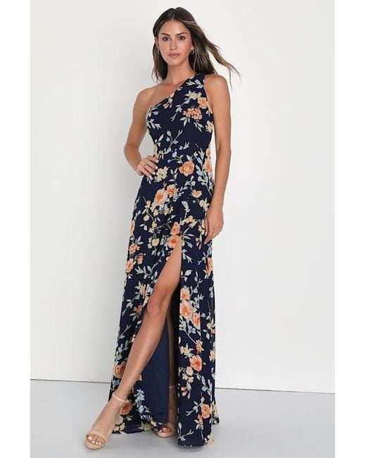 Lulus Blue Elegant Admiration Floral One-Shoulder Maxi Dress