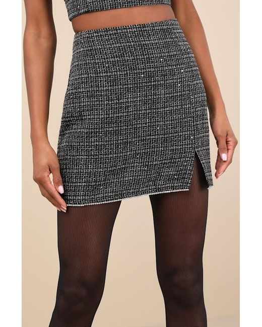 Lulus Natural Charismatically Cute Tweed Rhinestone High-Rise Mini Skirt