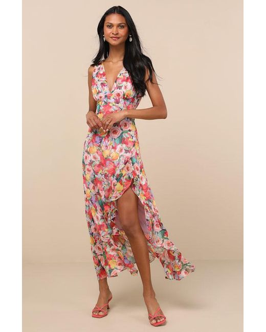 Lulus Women's Pink Laraline Multi Floral Ruffled Cowl Back Maxi Dress -  www.rajagirimanappuram.com