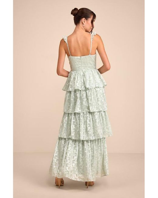 Lulus Natural Stunning Glory Sage Floral Jacquard Tiered Maxi Dress